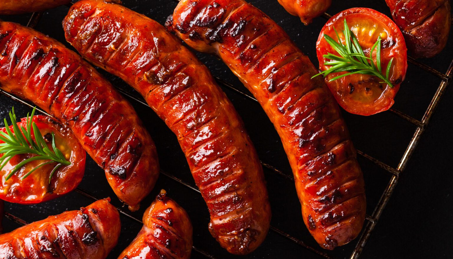 Grilled sausages. Top view.
